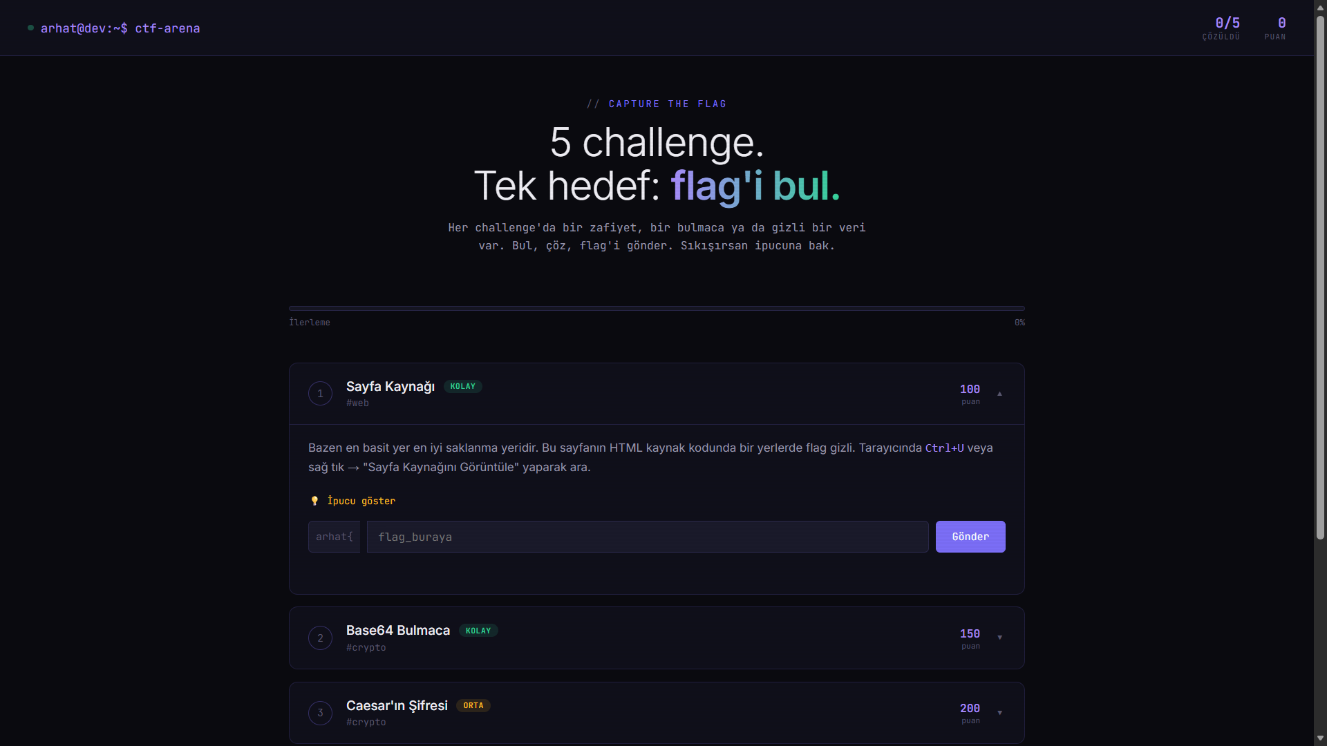CTF Arena — proje ekran görüntüsü